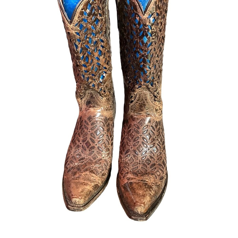 Dan‎ Post Women's SIze 7M Brown Distressed Open Lattice Type Design Cowboy Boots